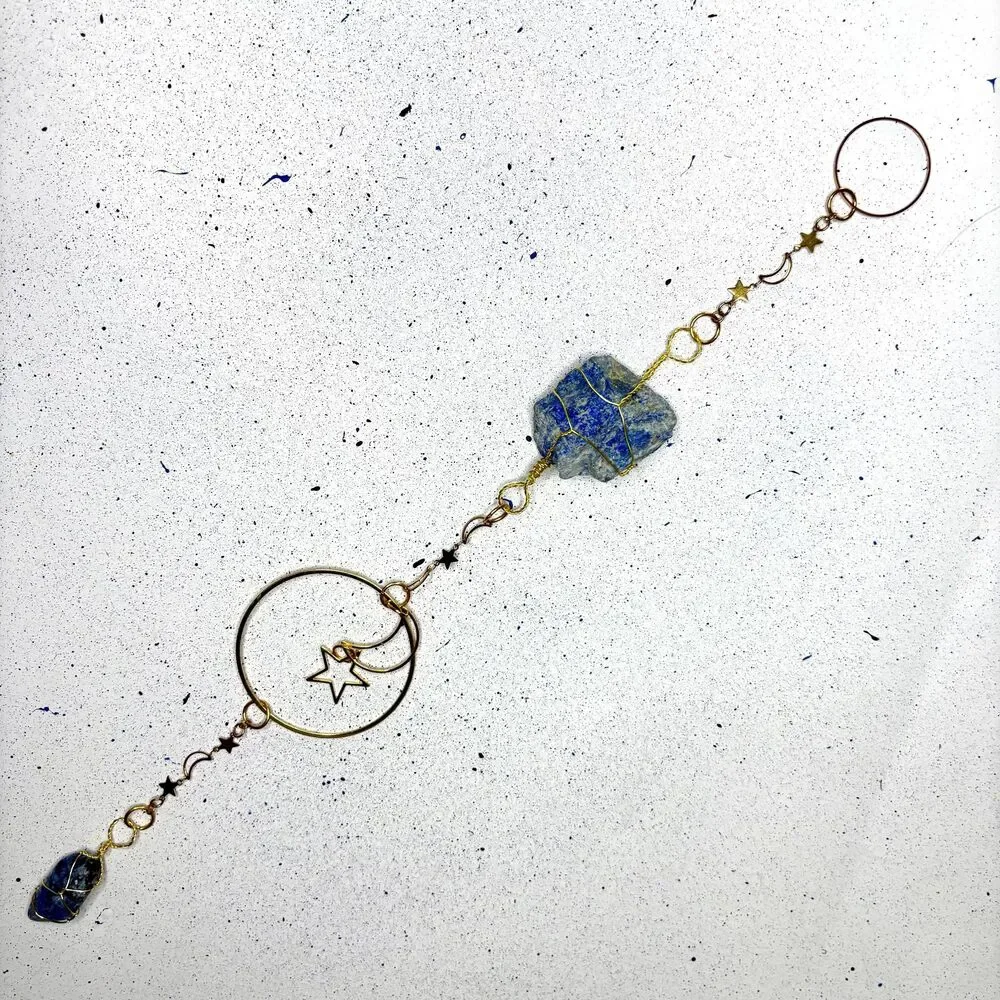 Lapis Lazuli Wall Hanging | Raw & Tumbled Stone | Gold Moon Star Circle Frame